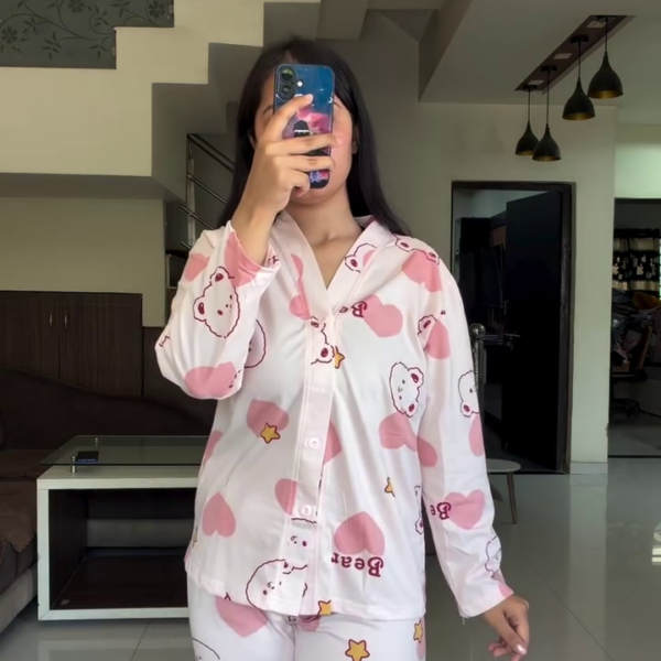 Cute Heart Printed Women Co-Ord Set Soft Night Suit Pajama Loungewear Set