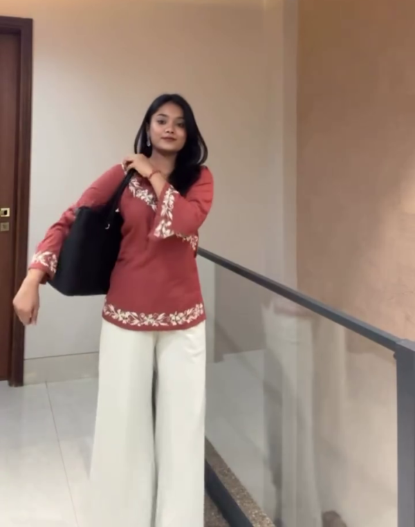 Rust Embroidered Kurti with Palazzo – Casual Ethnic Style 🤎