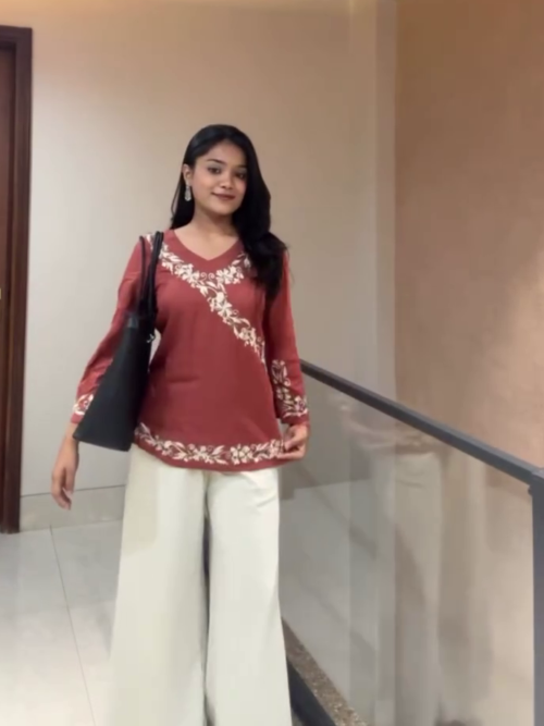 Rust Embroidered Kurti with Palazzo – Casual Ethnic Style 🤎