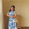 Blue Abstract Printed Sleeveless Maxi Dress