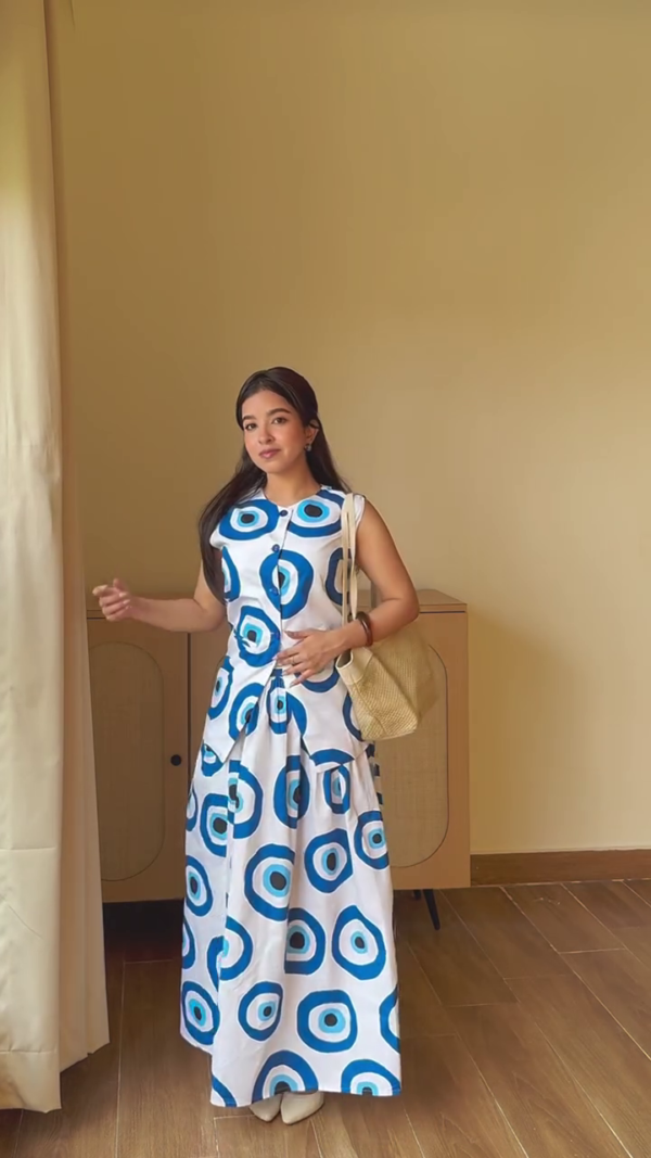 Blue Abstract Printed Sleeveless Maxi Dress