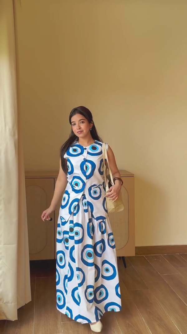 Blue Abstract Printed Sleeveless Maxi Dress