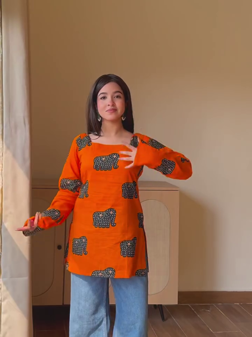 Orange Elephant Print Casual Kurti