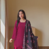 Wine Straight Kurta Set With Floral Dupatta