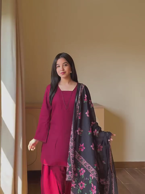 Wine Straight Kurta Set With Floral Dupatta